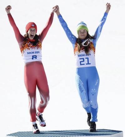 Le medaglie d'oro Tina Maze, Slovenia, e Dominique Gisin, Svizzera