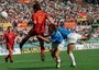 20 aprile 1996: Roma-Napoli 4-1. Marco Delvecchio (c) segna di di testa il primo gol della Roma e primo di tre gol personali.. A sinistra Totti