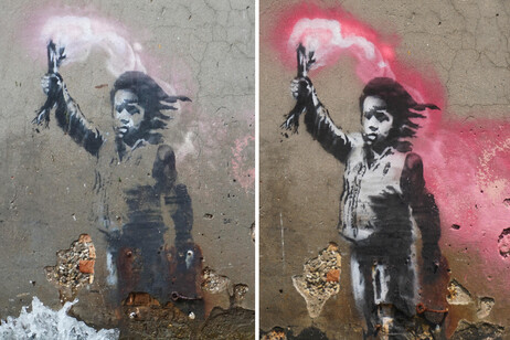 Obra de Banksy em Veneza atualmente (esquerda) e em 2019 (direita)