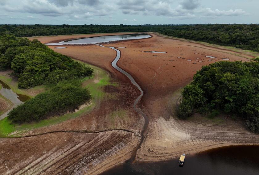 Vista aérea de un lago seco en el archipiélago de Anavilhanas, en Novo Airao, estado de Amazonas.