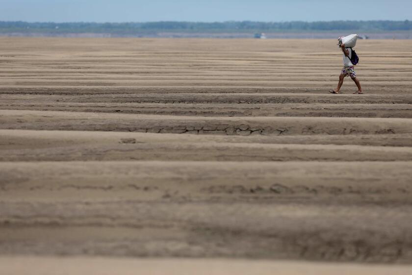 Un habitante camina sobre el lecho seco del río Solimoes, en la Comunidad Pesqueiro