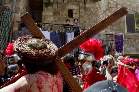 Recreation of Jesus Christ crucifixion procession on Jerusalem Via Dolorosa on Good Friday