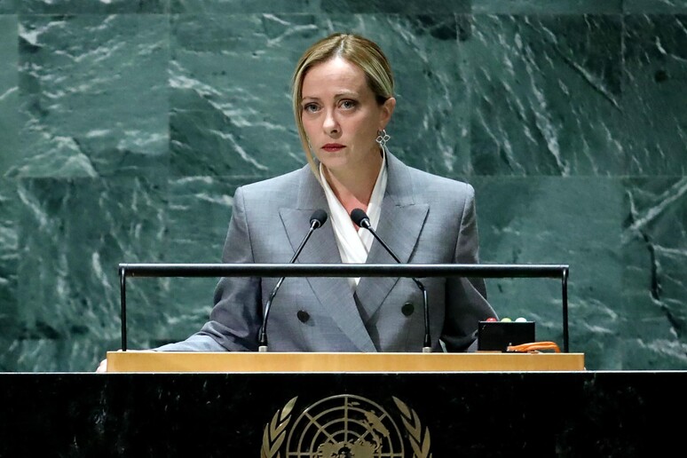 Giorgia Meloni durante discurso na ONU em setembro de 2023 © ANSA/AFP