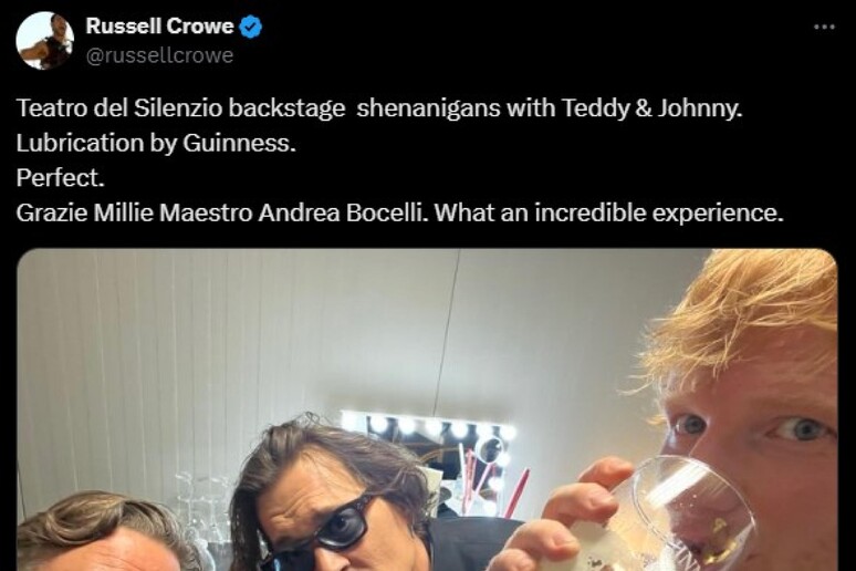 Crowe, Depp y Sheeran, estrellas del concierto, en una imagen del perfil del actor neocelandés. - TODOS LOS DERECHOS RESERVADOS