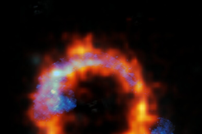 La galassia vista dal radiotelescopio Alma (in blu), e dal  Vlt (in rosso-arancione) (fonte: Alma (Eso/Naoj/Nrao)/Eso/D. Liu et al.) - RIPRODUZIONE RISERVATA