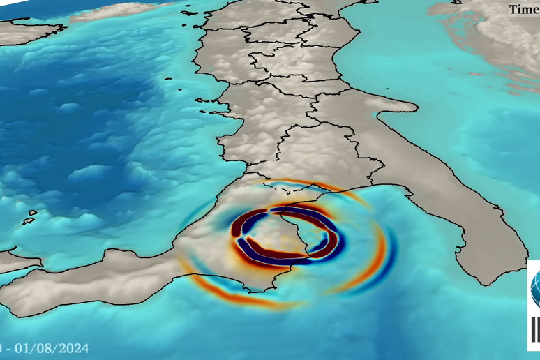 Le onde sismiche generate dal terremoto del primo agosto 2024 in Calabria. Le onde blu indicano che il suolo di muive verso il basso, in rosso le onde relative a un movimento verso l 'alto (fonte: INGV) - RIPRODUZIONE RISERVATA